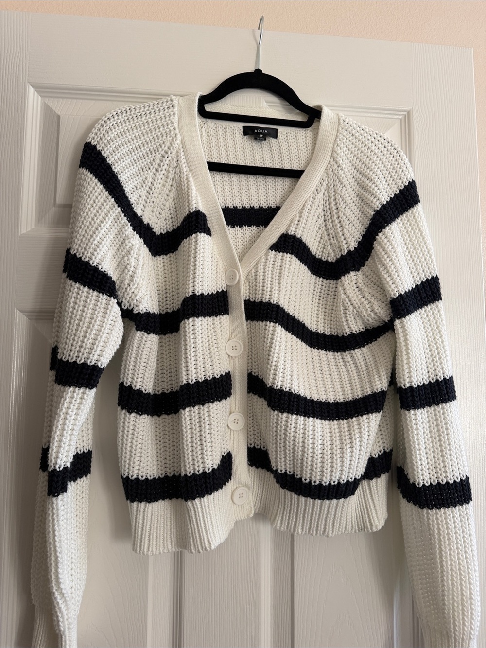 Aqua Black & White Striped Button-Front Cardigan